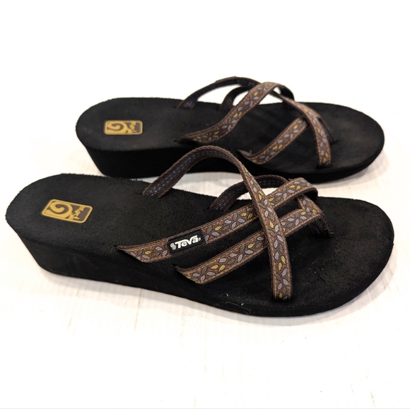 TEVA Olowahu Women's Black and Brown Strappy Toe Post Wedge Sandals Size 9 - Picture 1 of 6
